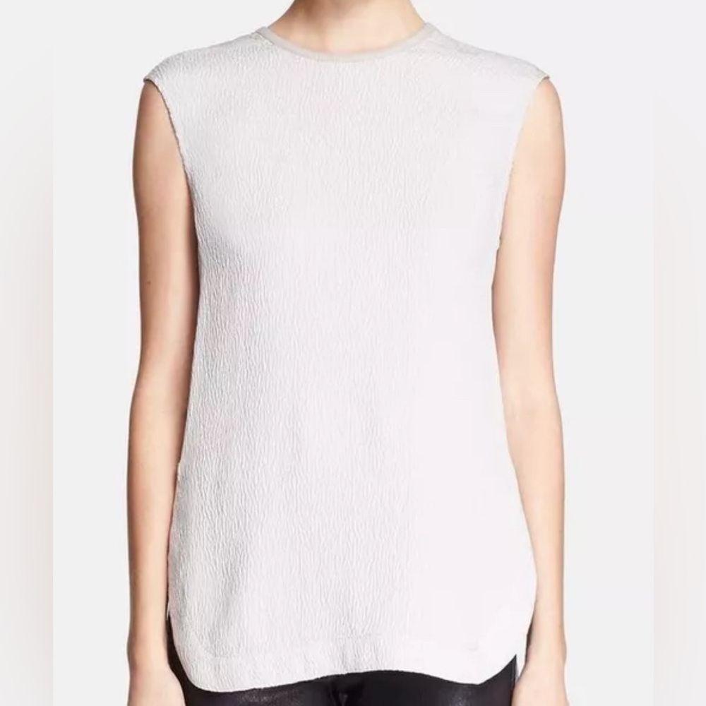 HELMUT LANG | Tissue Silk & Leather Trim Bateau Neckline Tunic Blouse (S)